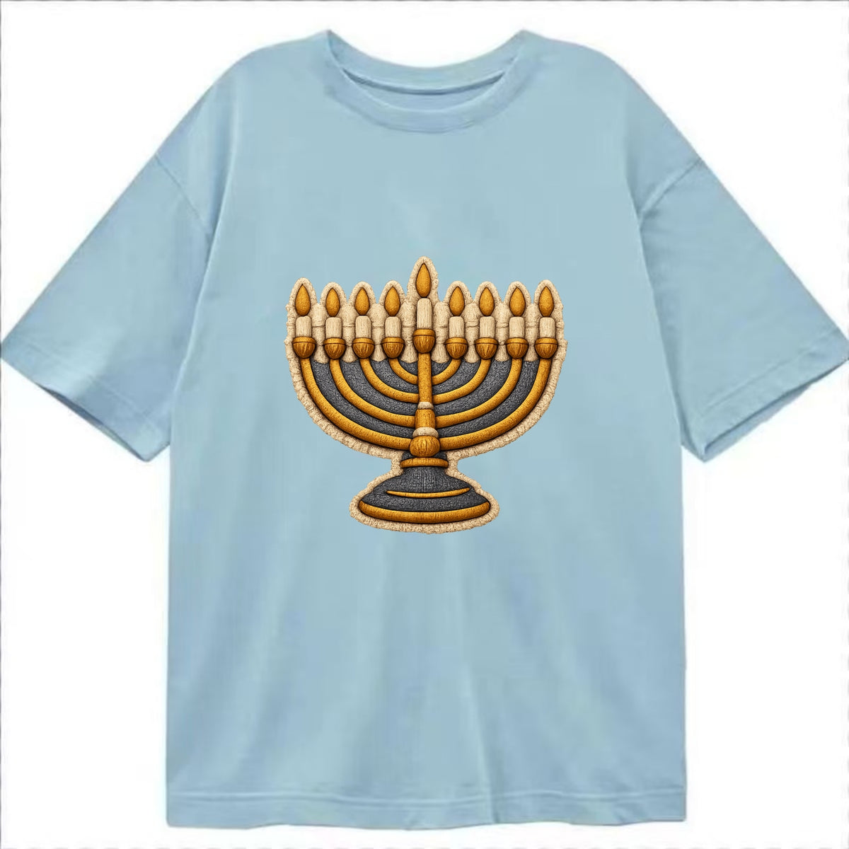 MENORAH LIGHTS - nine branch candelabra in gold and blue , Hanukkah - Classic T-shirt - Light Blue