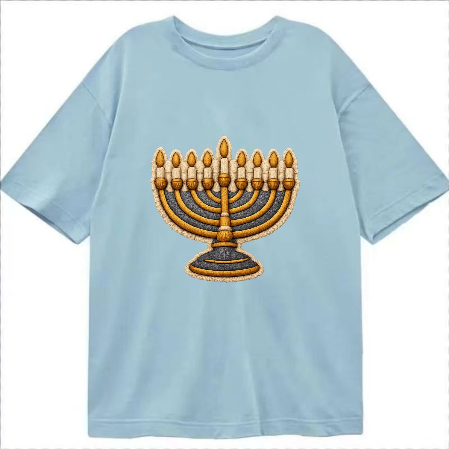 MENORAH LIGHTS - nine branch candelabra in gold and blue , Hanukkah - Classic T-shirt - Light Blue