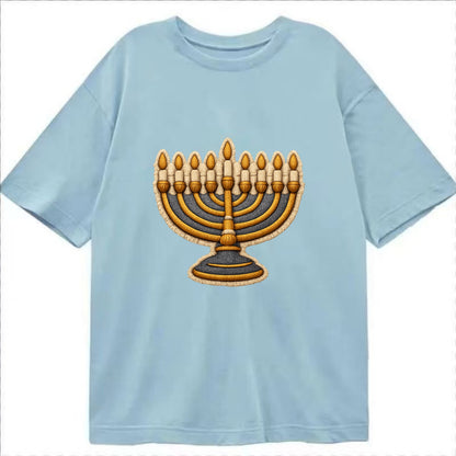 MENORAH LIGHTS - nine branch candelabra in gold and blue , Hanukkah - Classic T-shirt - Light Blue