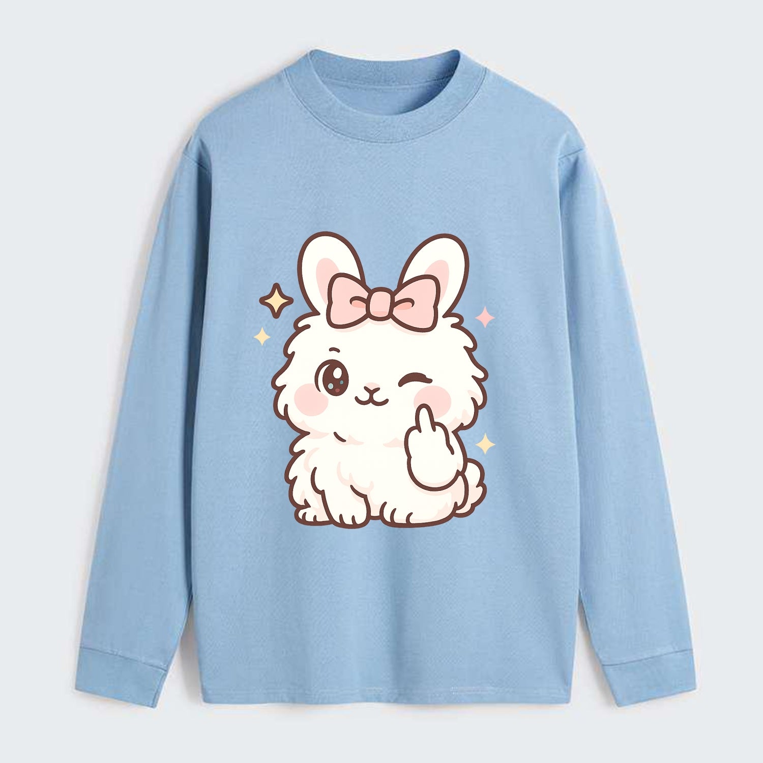 fluffy white angora rabbit with pink bow, one paw delicately flipping - Classic Long Sleeve Shirt - Light Blue