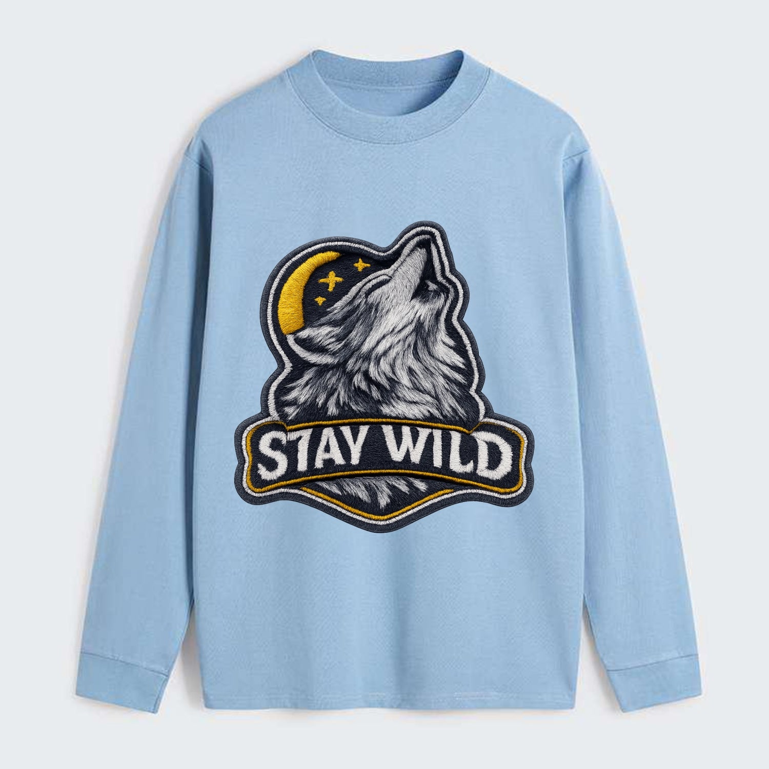 STAY WILD - wolf with text in gray , free spirit - Classic Long Sleeve Shirt - Light Blue