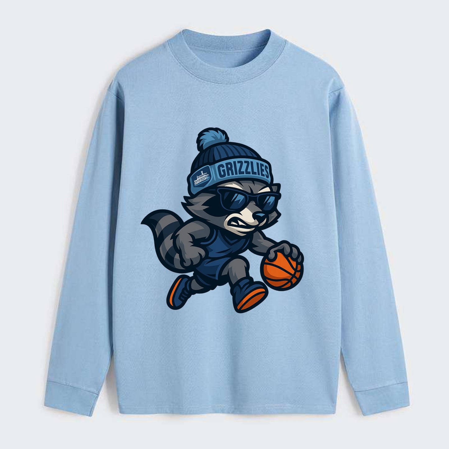 Memphis Raccoon wearing Grizzlies beanie with riverboat patch and - Classic Long Sleeve Shirt - Light Blue
