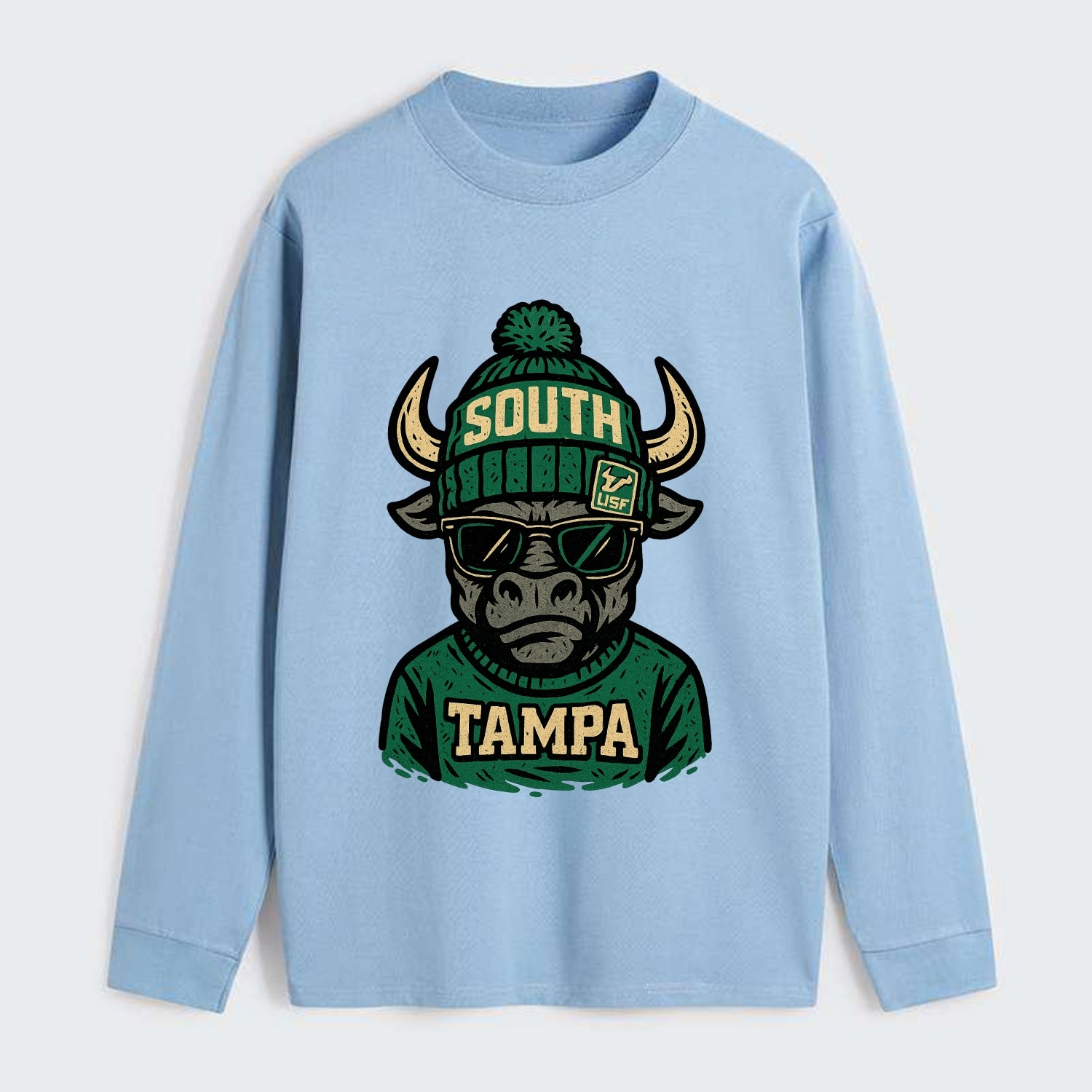 Tampa Bull wearing South Florida beanie with USF patch - Classic Long Sleeve Shirt - Light Blue