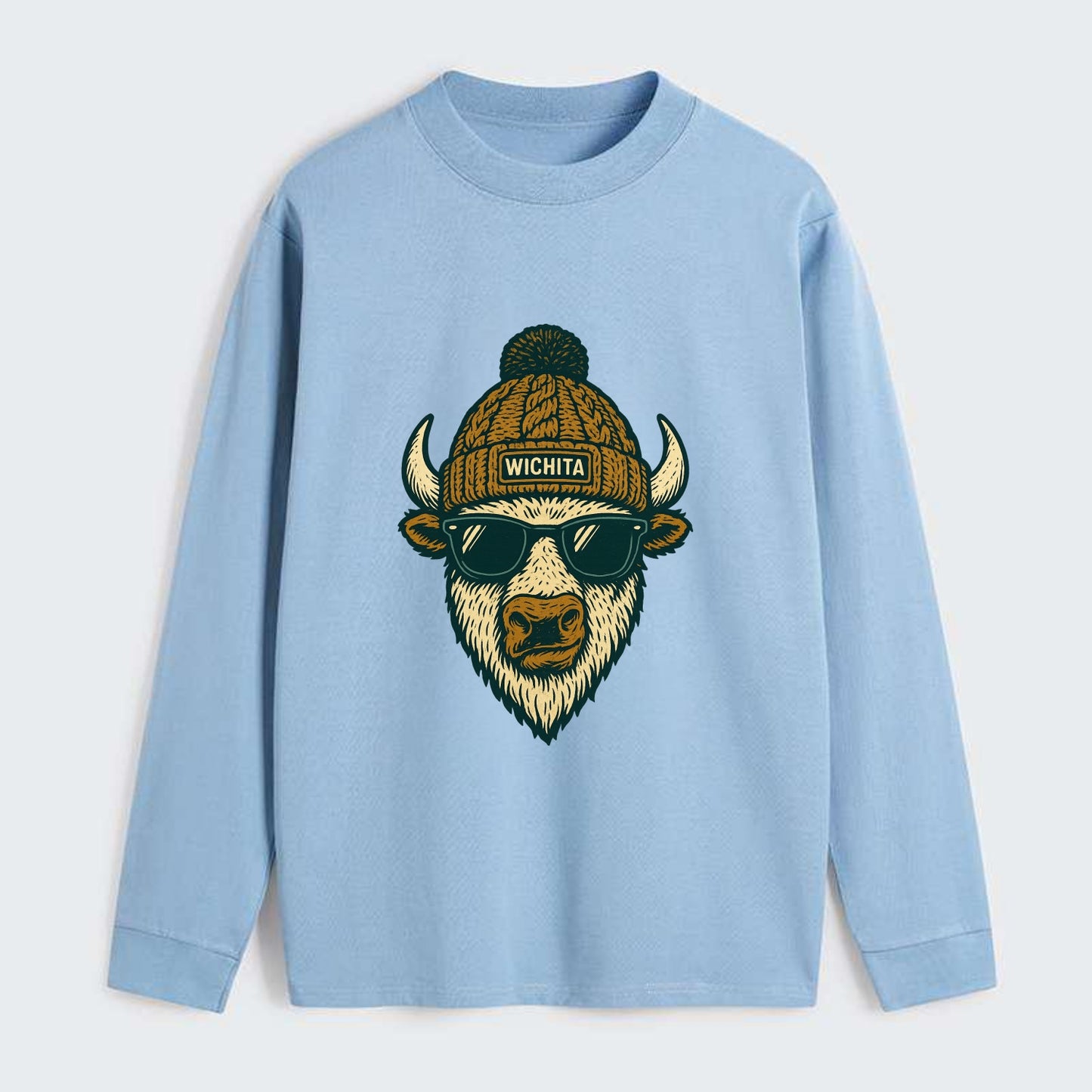 Kansas American Bison wearing Wichita beanie with pom pom and wayfarer - Classic Long Sleeve Shirt - Light Blue
