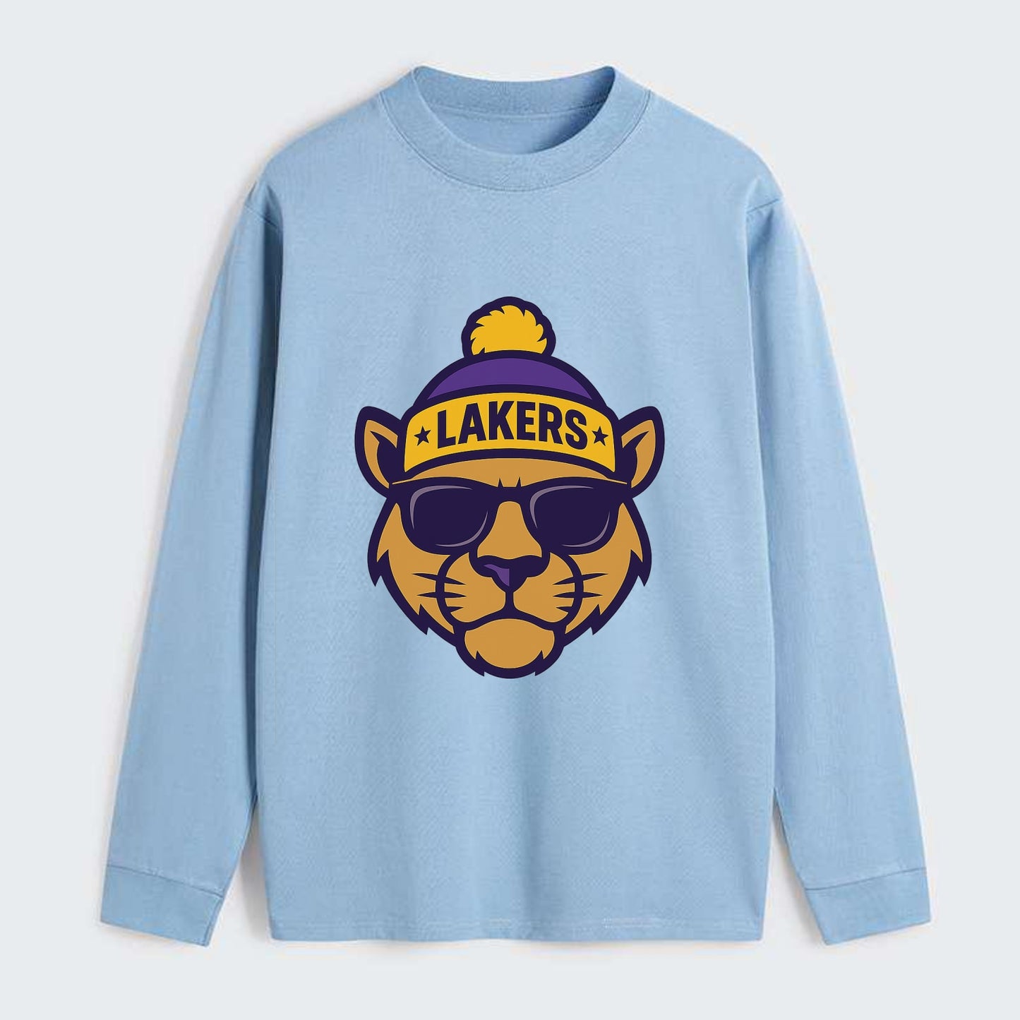 LA Mountain Lion wearing Lakers purple and gold beanie with - Classic Long Sleeve Shirt - Light Blue