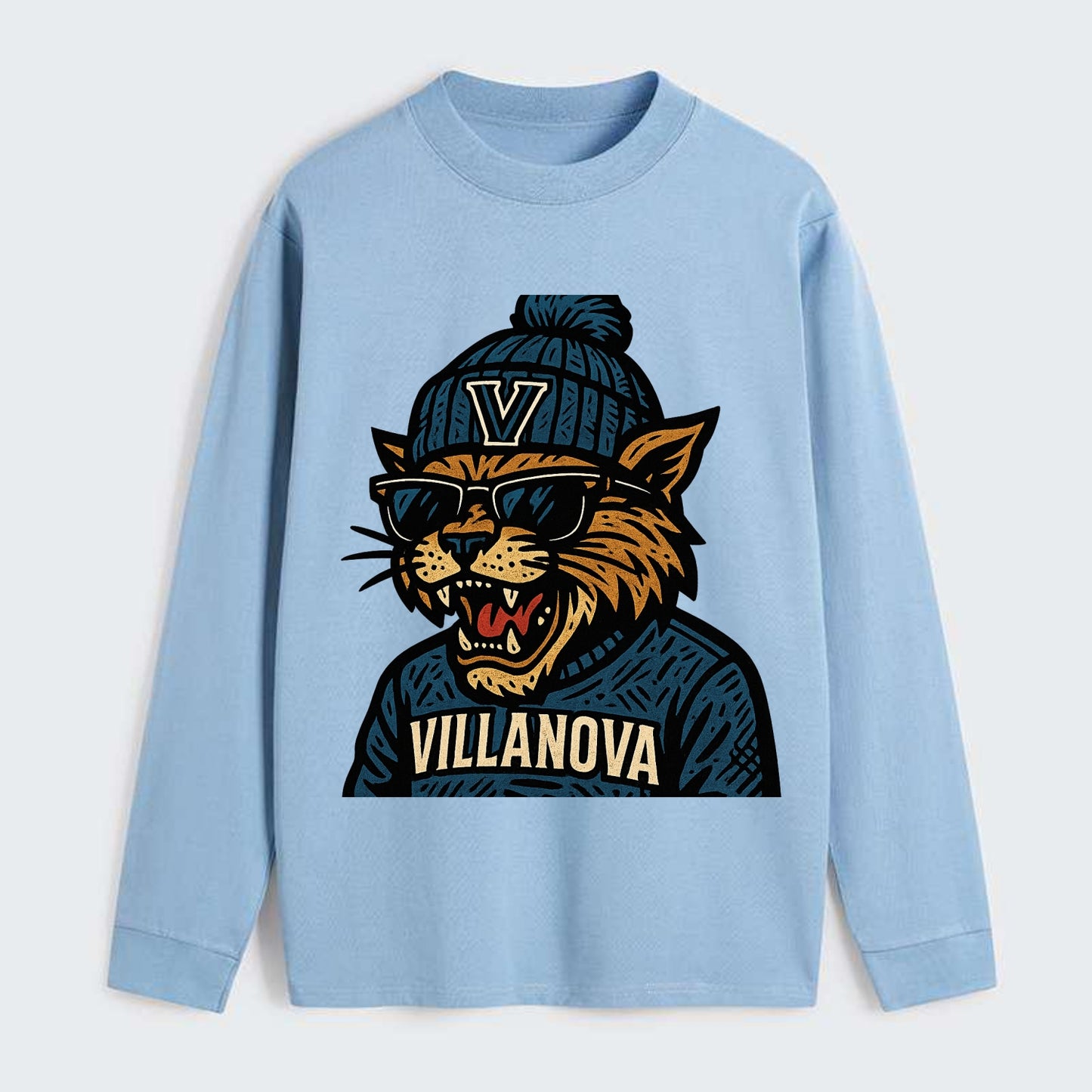 Villanova Wildcat wearing Villanova beanie with V patch - Classic Long Sleeve Shirt - Light Blue