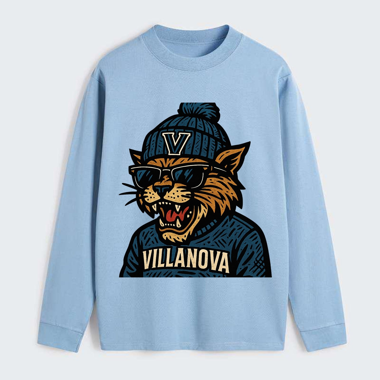 Villanova Wildcat wearing Villanova beanie with V patch - Classic Long Sleeve Shirt - Light Blue
