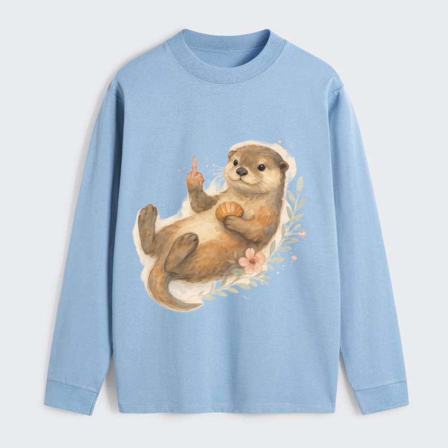 adorable otter floating on back, middle finger up while holding a - Classic Long Sleeve Shirt - Light Blue