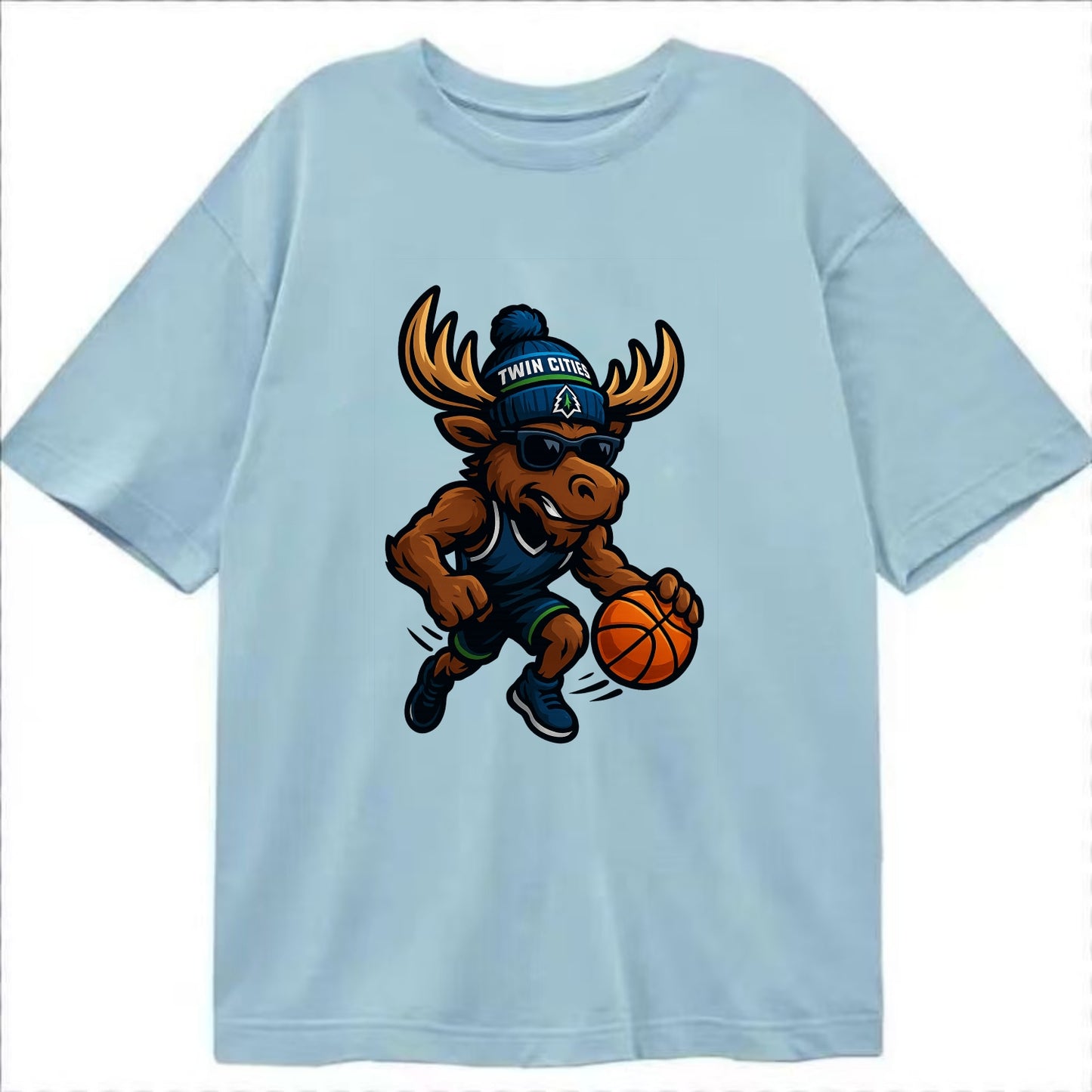 Twin Cities Moose wearing Timberwolves beanie with pine tree patch and wayfarer - Classic T-shirt - Light Blue