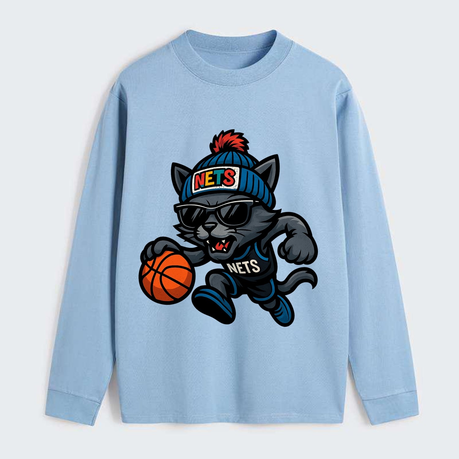 Brooklyn Cat wearing Nets beanie with street art patch and wayfarer - Classic Long Sleeve Shirt - Light Blue