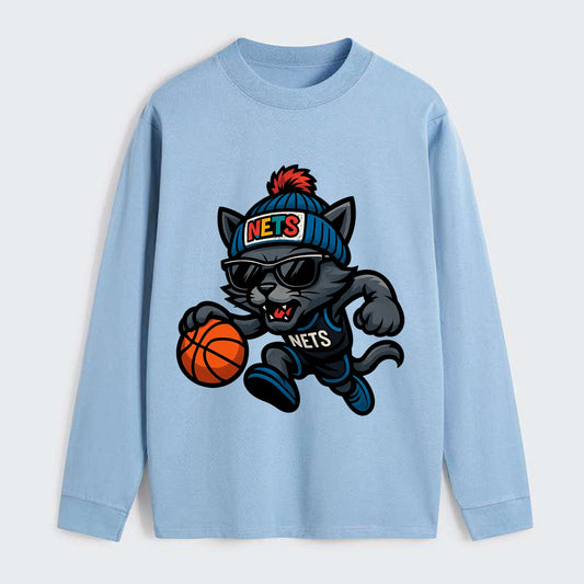 Brooklyn Cat wearing Nets beanie with street art patch and wayfarer - Classic Long Sleeve Shirt - Light Blue
