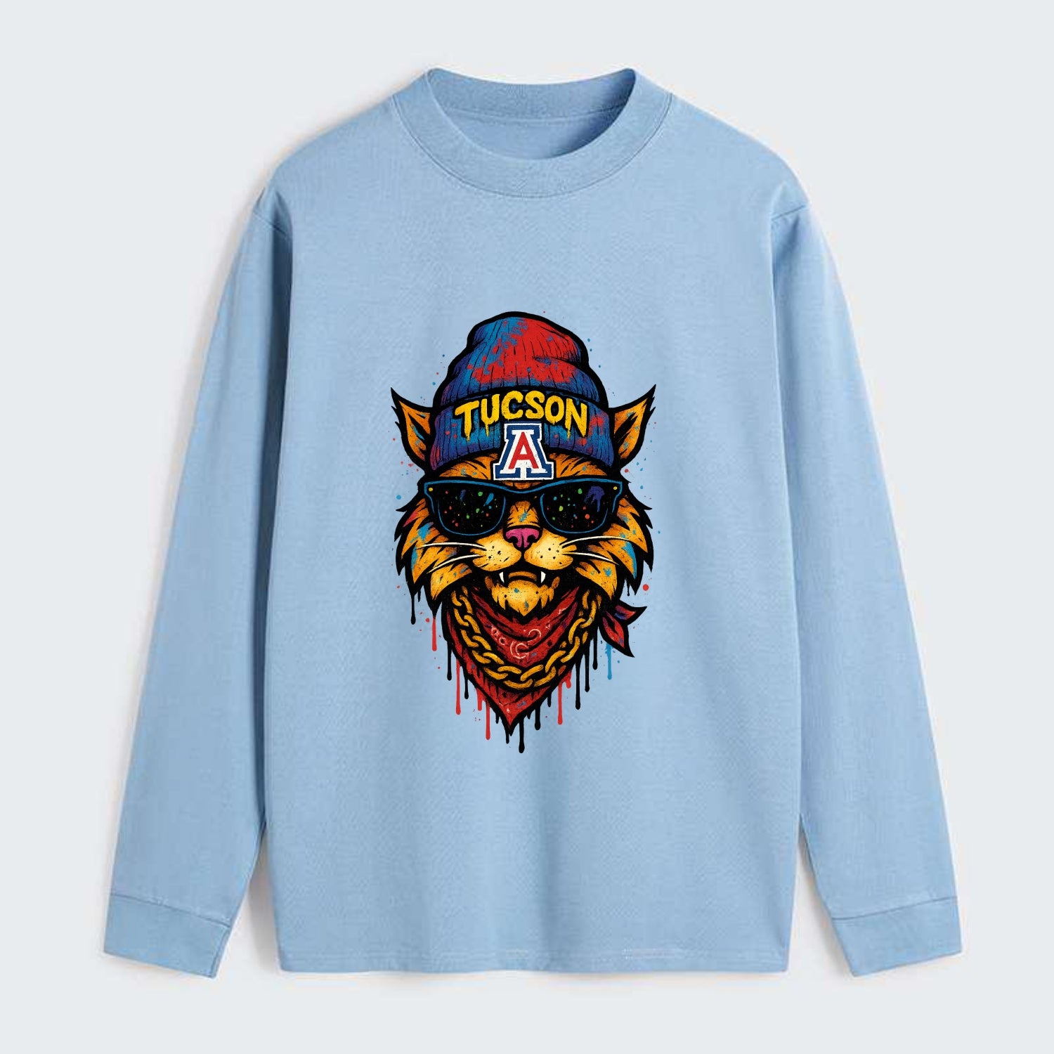 Tucson Wildcat wearing Arizona beanie with A patch - Classic Long Sleeve Shirt - Light Blue