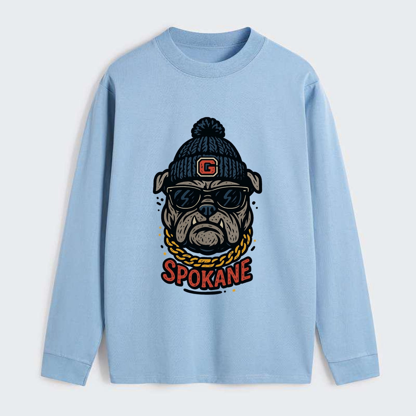 Spokane Bulldog wearing Gonzaga beanie with G patch - Classic Long Sleeve Shirt - Light Blue
