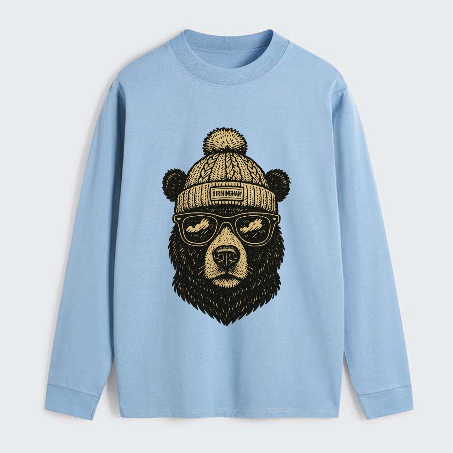 Alabama Black Bear wearing Birmingham beanie with pom pom and wayfarer - Classic Long Sleeve Shirt - Light Blue