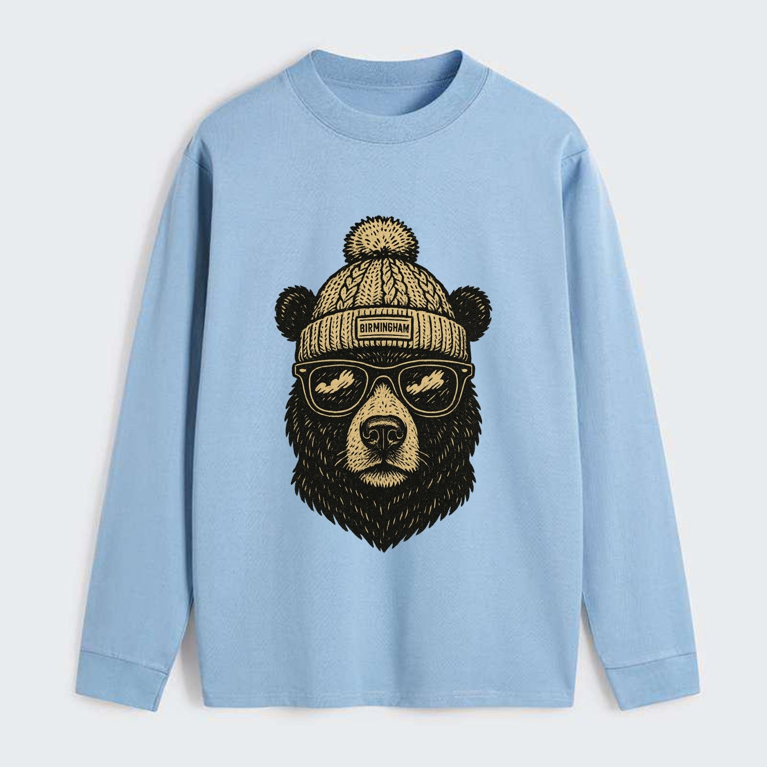 Alabama Black Bear wearing Birmingham beanie with pom pom and wayfarer - Classic Long Sleeve Shirt - Light Blue