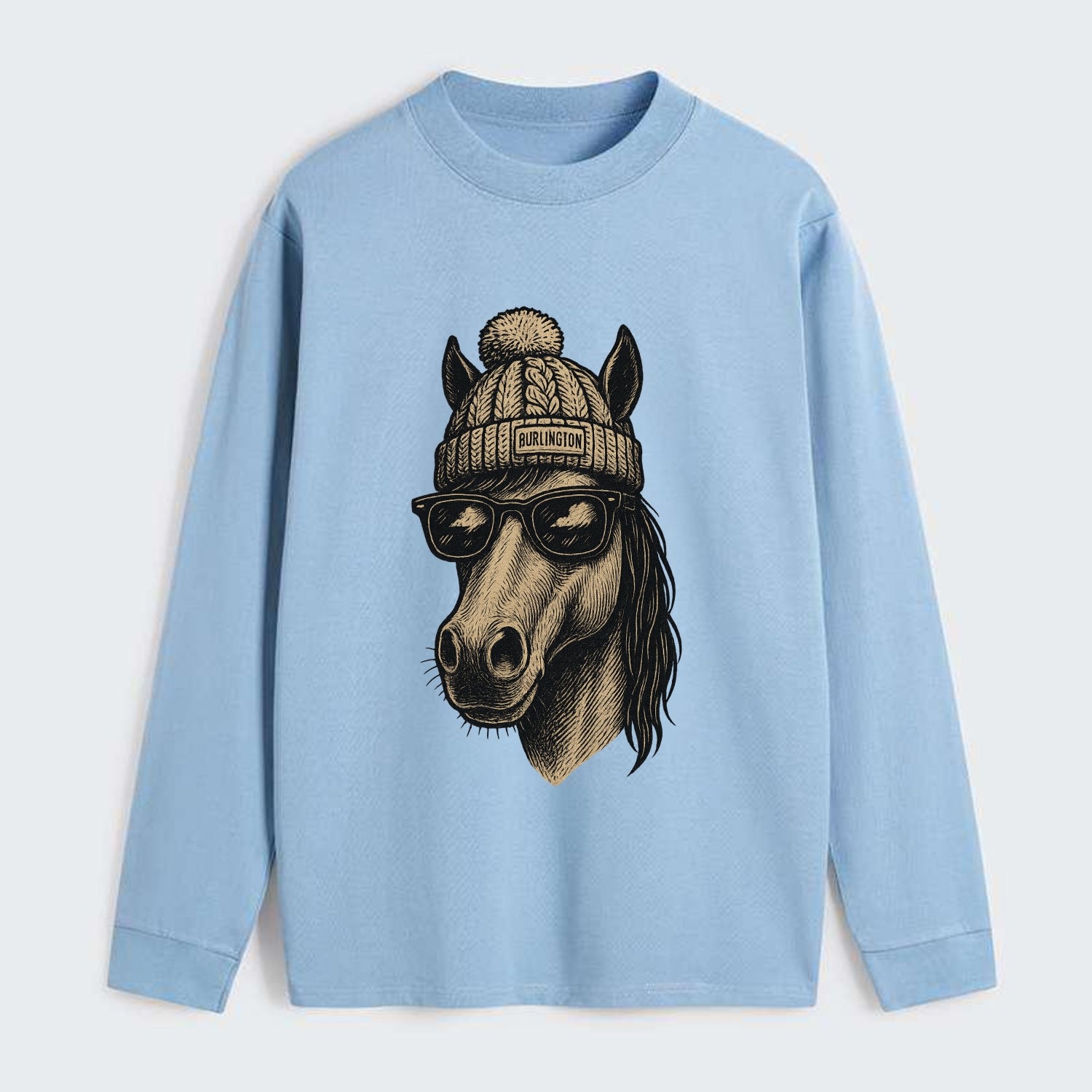 Vermont Morgan Horse wearing Burlington beanie with pom pom and - Classic Long Sleeve Shirt - Light Blue