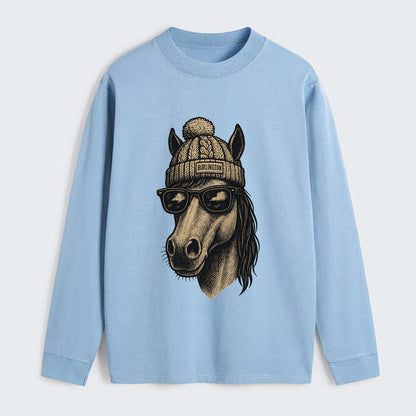 Vermont Morgan Horse wearing Burlington beanie with pom pom and - Classic Long Sleeve Shirt - Light Blue