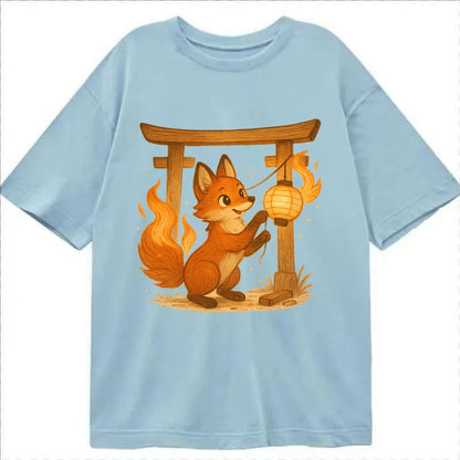 Foxfire kitsune stringing lanterns along a torii gate with tails of living flame - Classic T-shirt - Light Blue