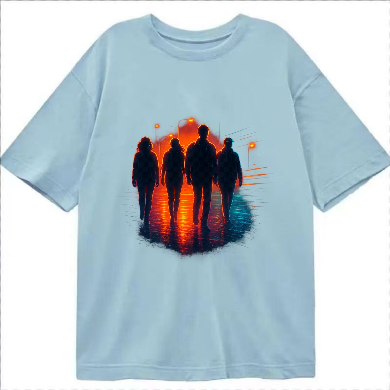 gang of silhouettes walking together at sunset by the beach - Classic T-shirt - Light Blue