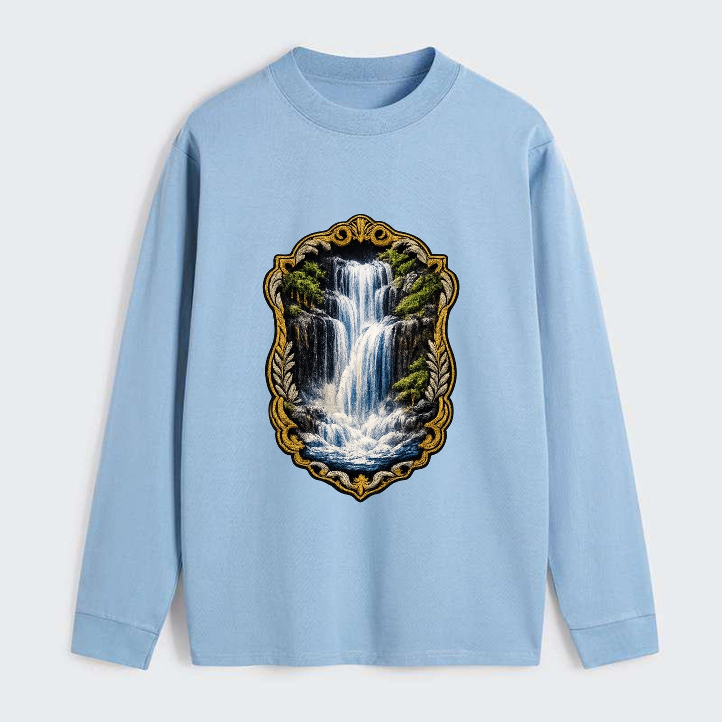 WATERFALL CASCADE - falling water with mist in blue and white , nature - Classic Long Sleeve Shirt - Light Blue