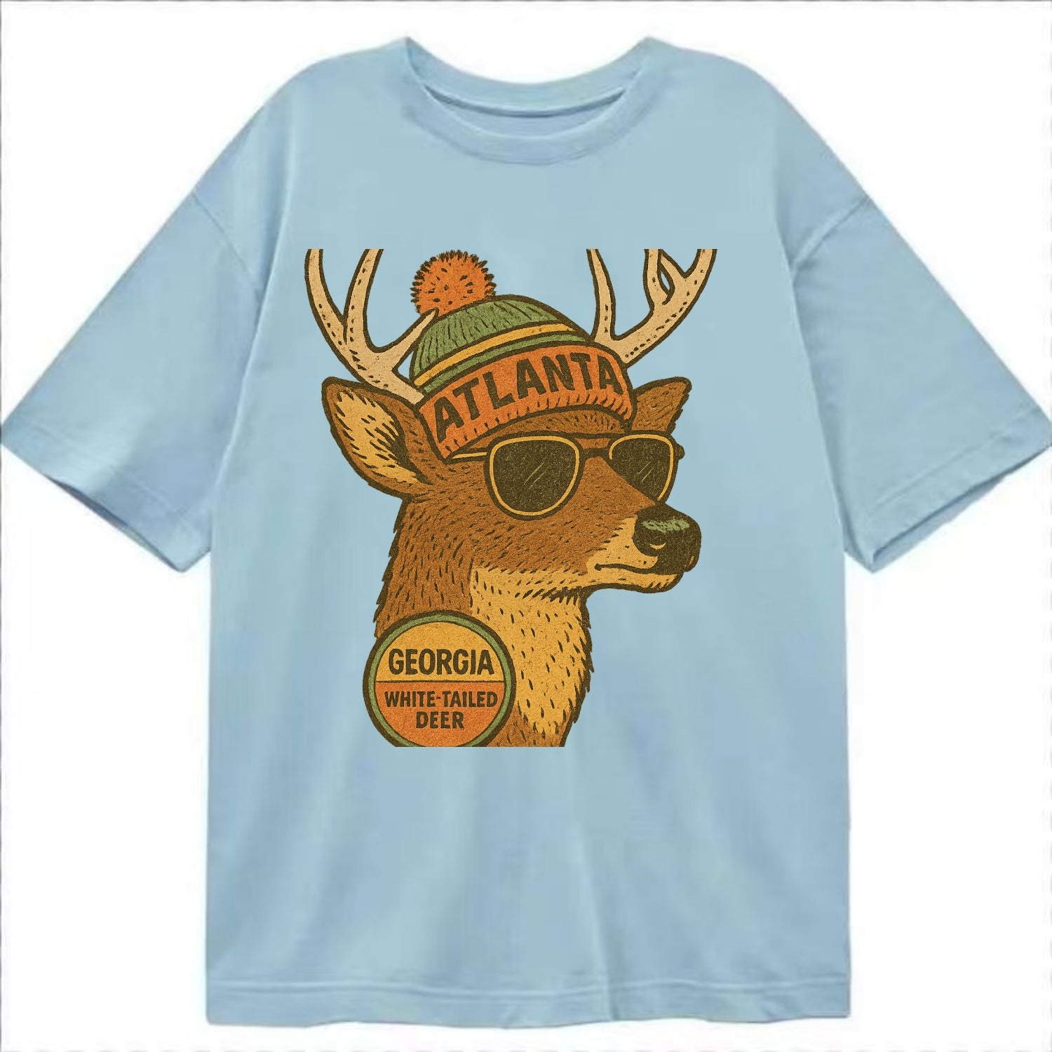 Georgia White-tailed Deer wearing Atlanta beanie with pom pom and wayfarer - Classic T-shirt - Light Blue