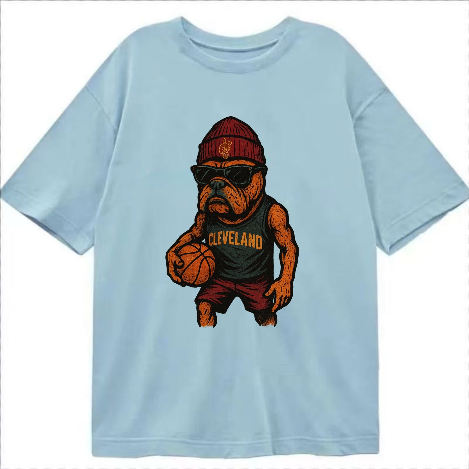 Cleveland Bulldog wearing Cavaliers wine and gold beanie with sword patch and - Classic T-shirt - Light Blue