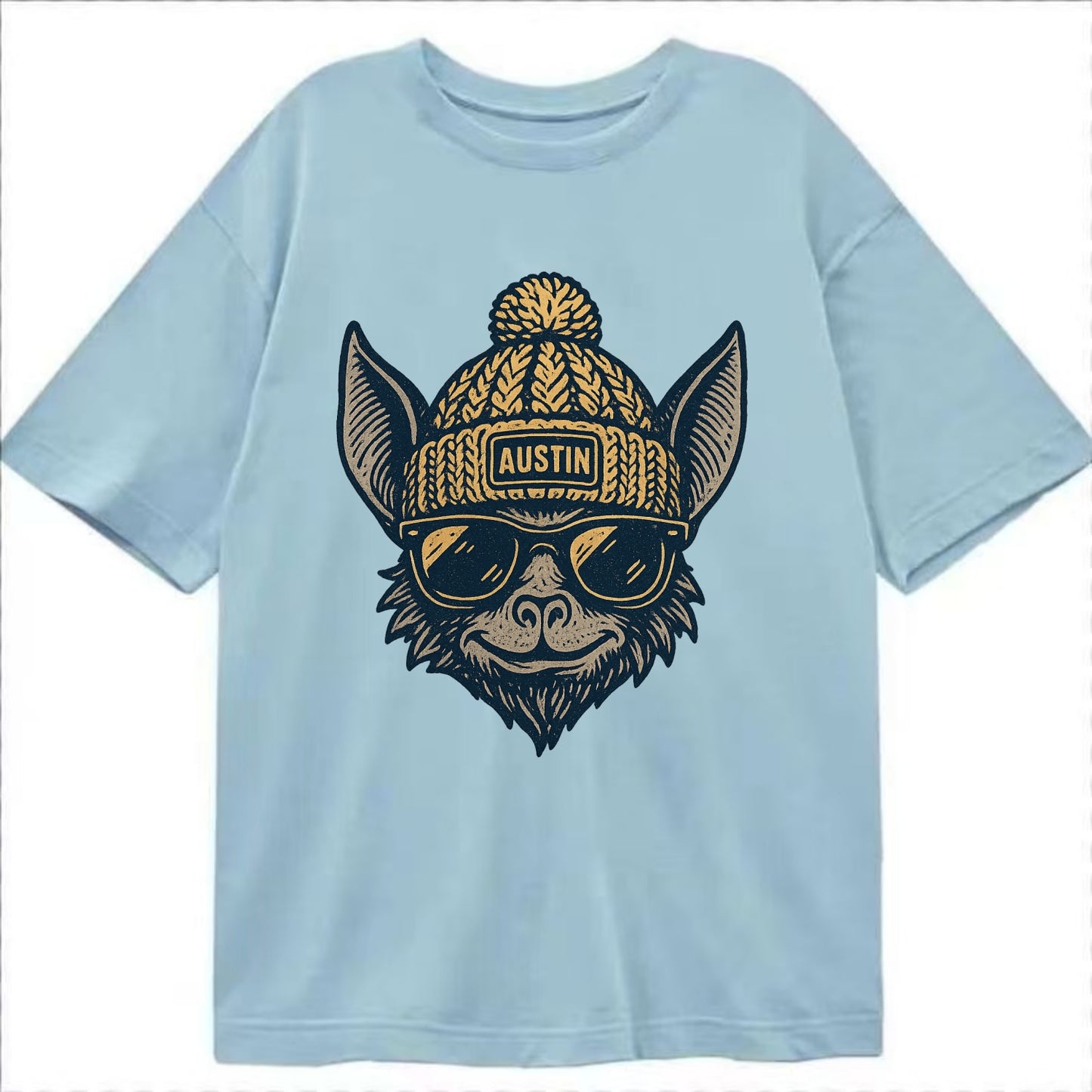 Austin Bat wearing Austin beanie with pom pom and wayfarer sunglasses - Classic T-shirt - Light Blue