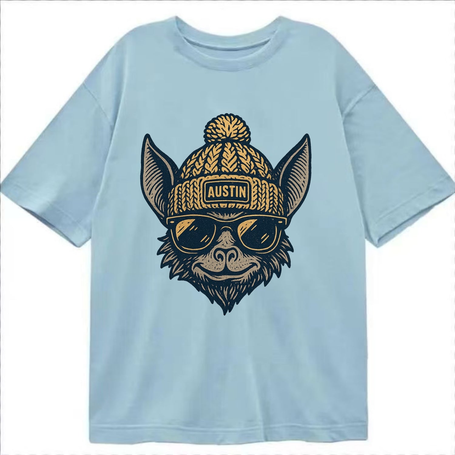 Austin Bat wearing Austin beanie with pom pom and wayfarer sunglasses - Classic T-shirt - Light Blue