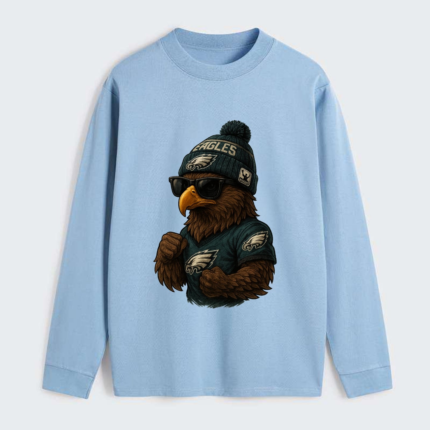 Philly Hawk wearing Eagles beanie with Rocky patch and wayfarer - Classic Long Sleeve Shirt - Light Blue
