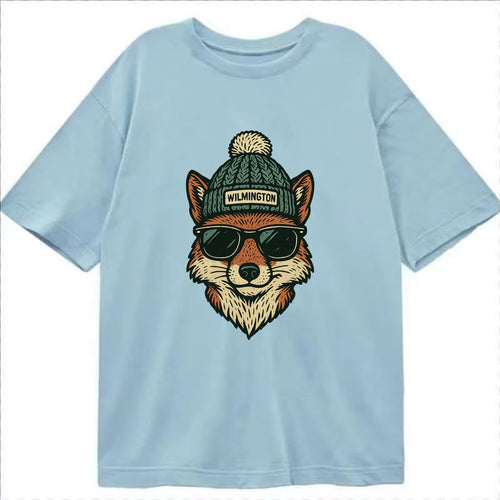 Delaware Gray Fox wearing Wilmington beanie with pom pom and wayfarer sunglasses - Classic T-shirt