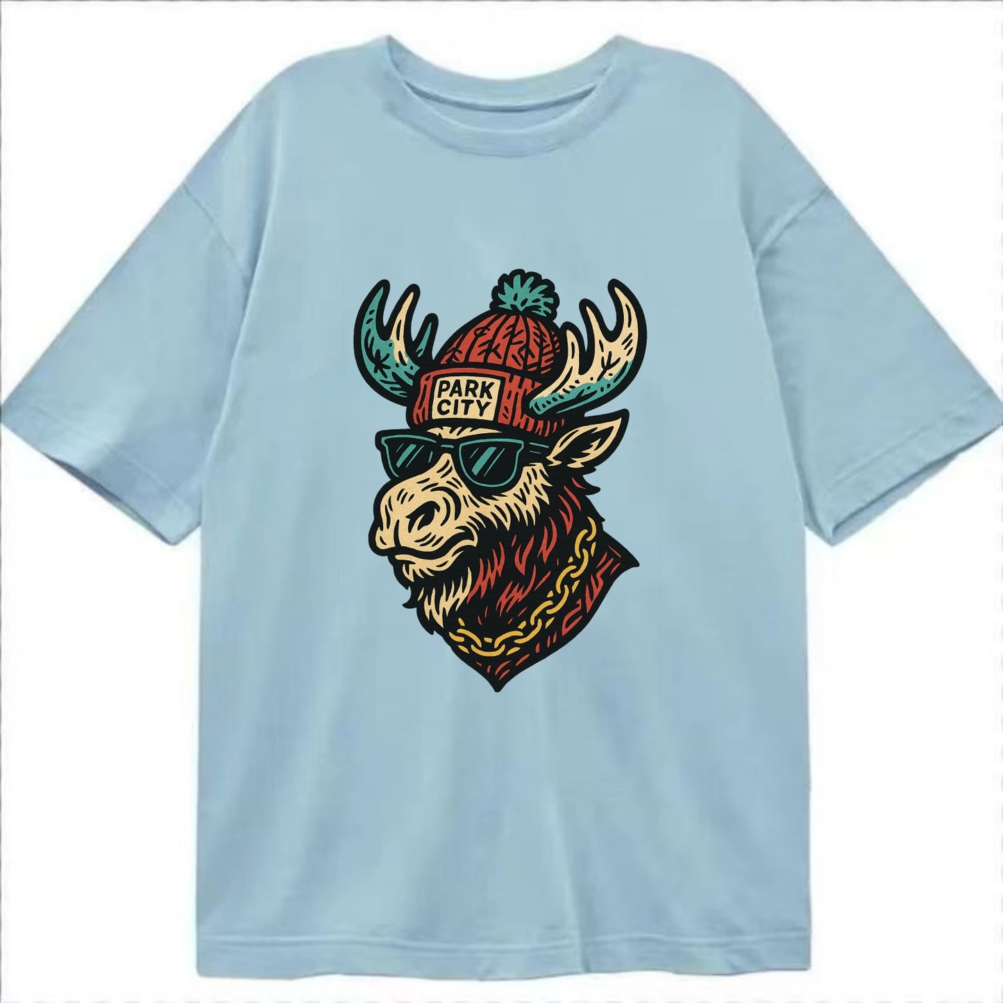 Park City Moose wearing Park City beanie with pom pom and wayfarer sunglasses - Classic T-shirt - Light Blue