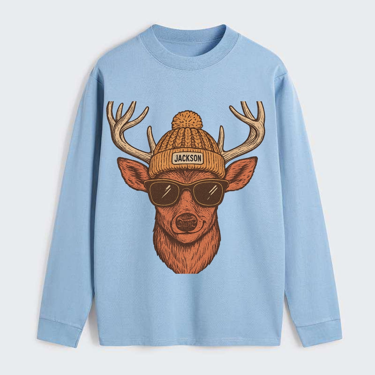 Mississippi White-tailed Deer wearing Jackson beanie with pom pom and - Classic Long Sleeve Shirt - Light Blue