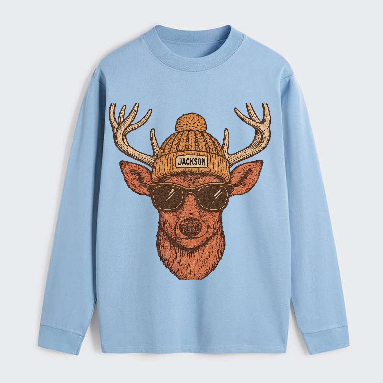 Mississippi White-tailed Deer wearing Jackson beanie with pom pom and - Classic Long Sleeve Shirt - Light Blue