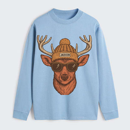 Mississippi White-tailed Deer wearing Jackson beanie with pom pom and - Classic Long Sleeve Shirt - Light Blue