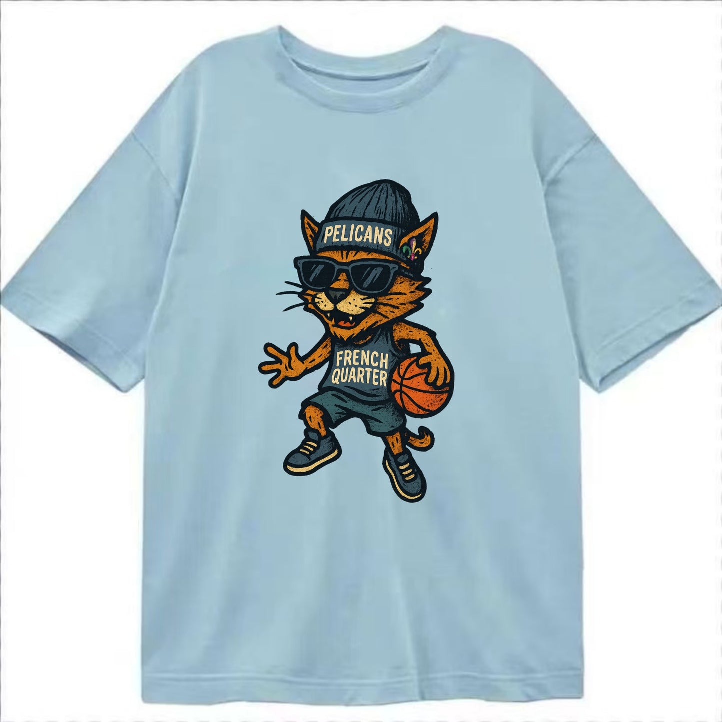 French Quarter Cat wearing Pelicans beanie with Mardi Gras patch and wayfarer - Classic T-shirt - Light Blue