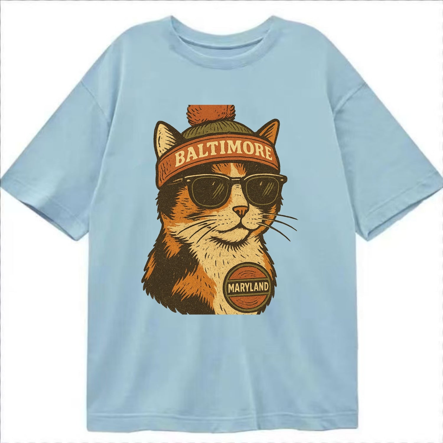 Maryland Calico Cat wearing Baltimore beanie with pom pom and wayfarer sunglasses - Classic T-shirt - Light Blue