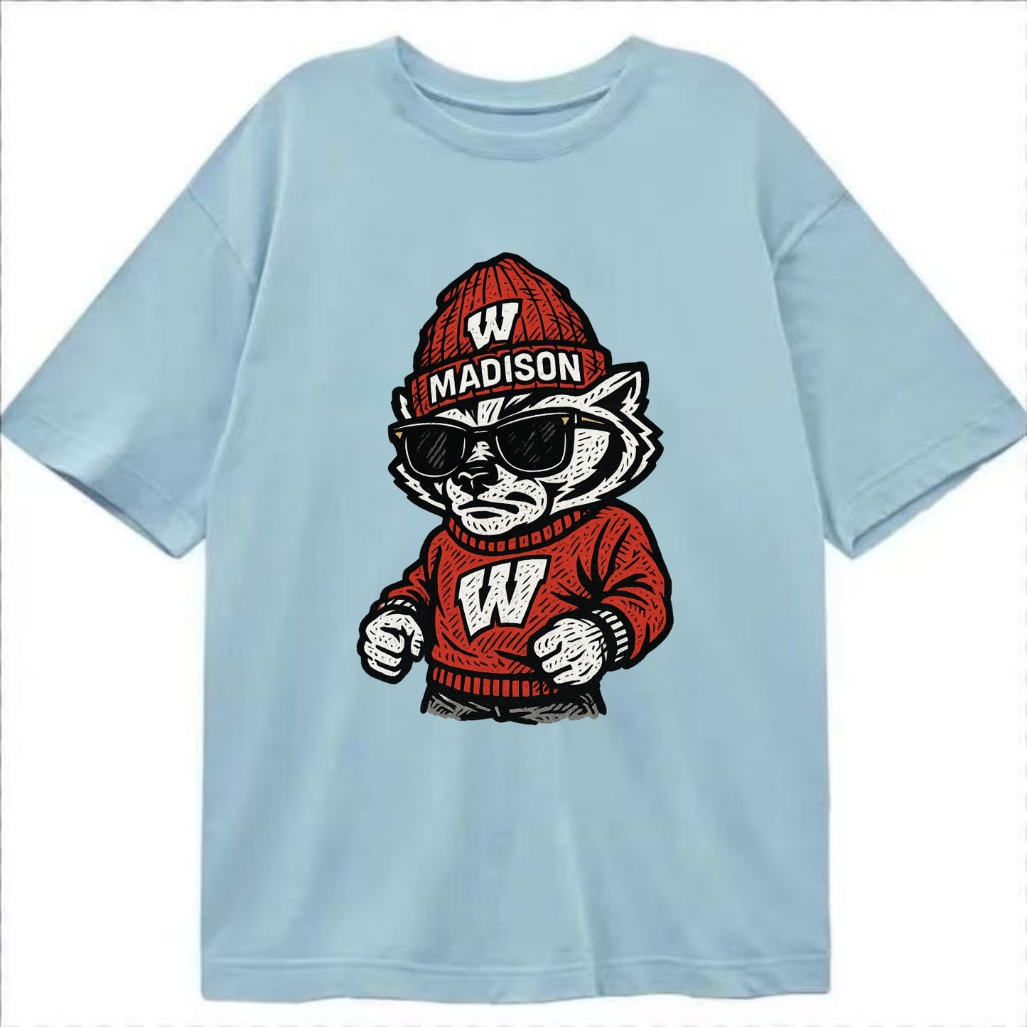 Madison Badger wearing Wisconsin beanie with motion W patch - Classic T-shirt - Light Blue