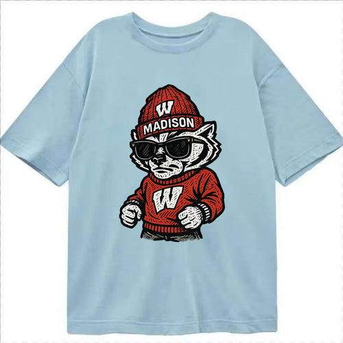 Madison Badger wearing Wisconsin beanie with motion W patch - Classic T-shirt