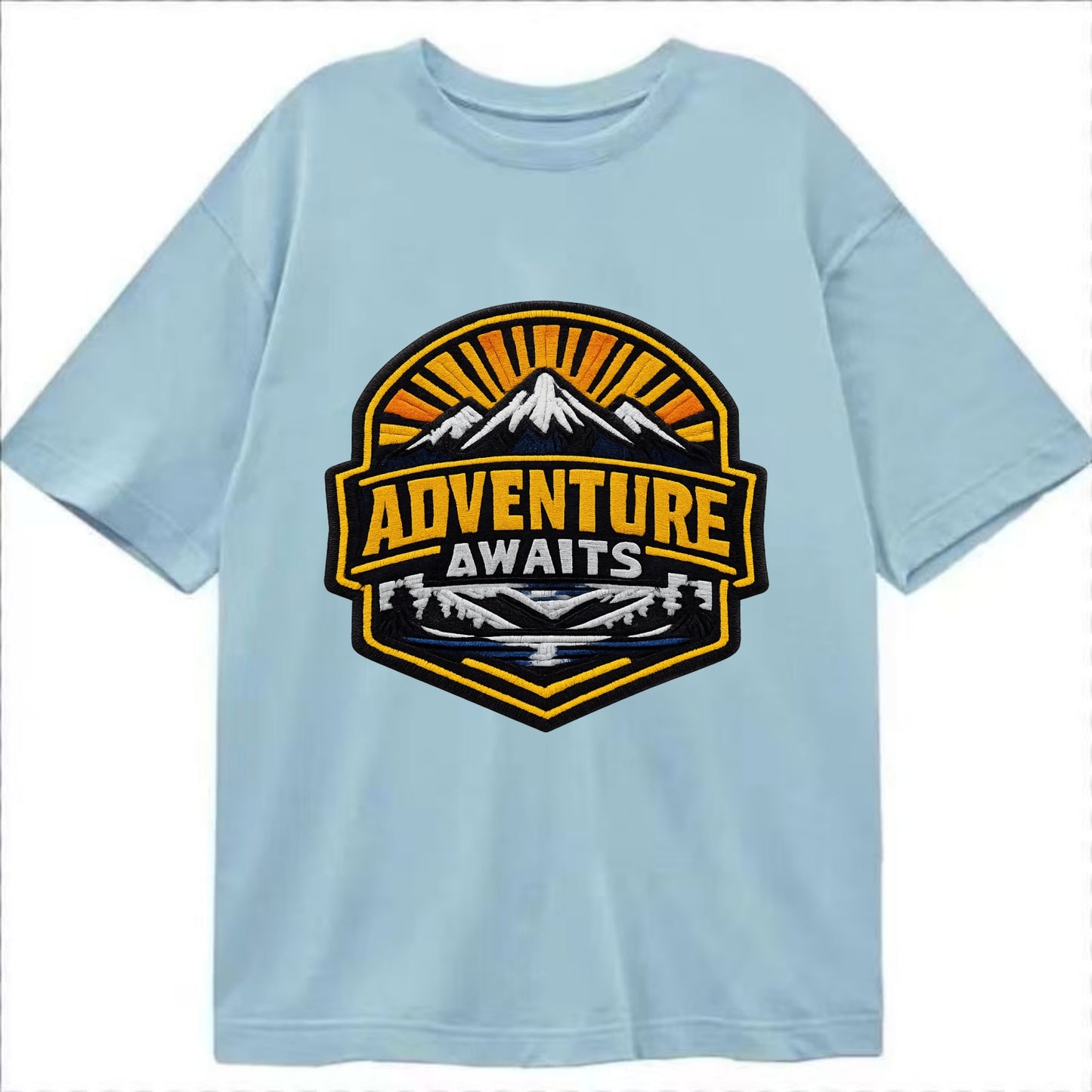 ADVENTURE AWAITS - mountain sunrise with text in gold and blue , wanderlust - Classic T-shirt - Light Blue