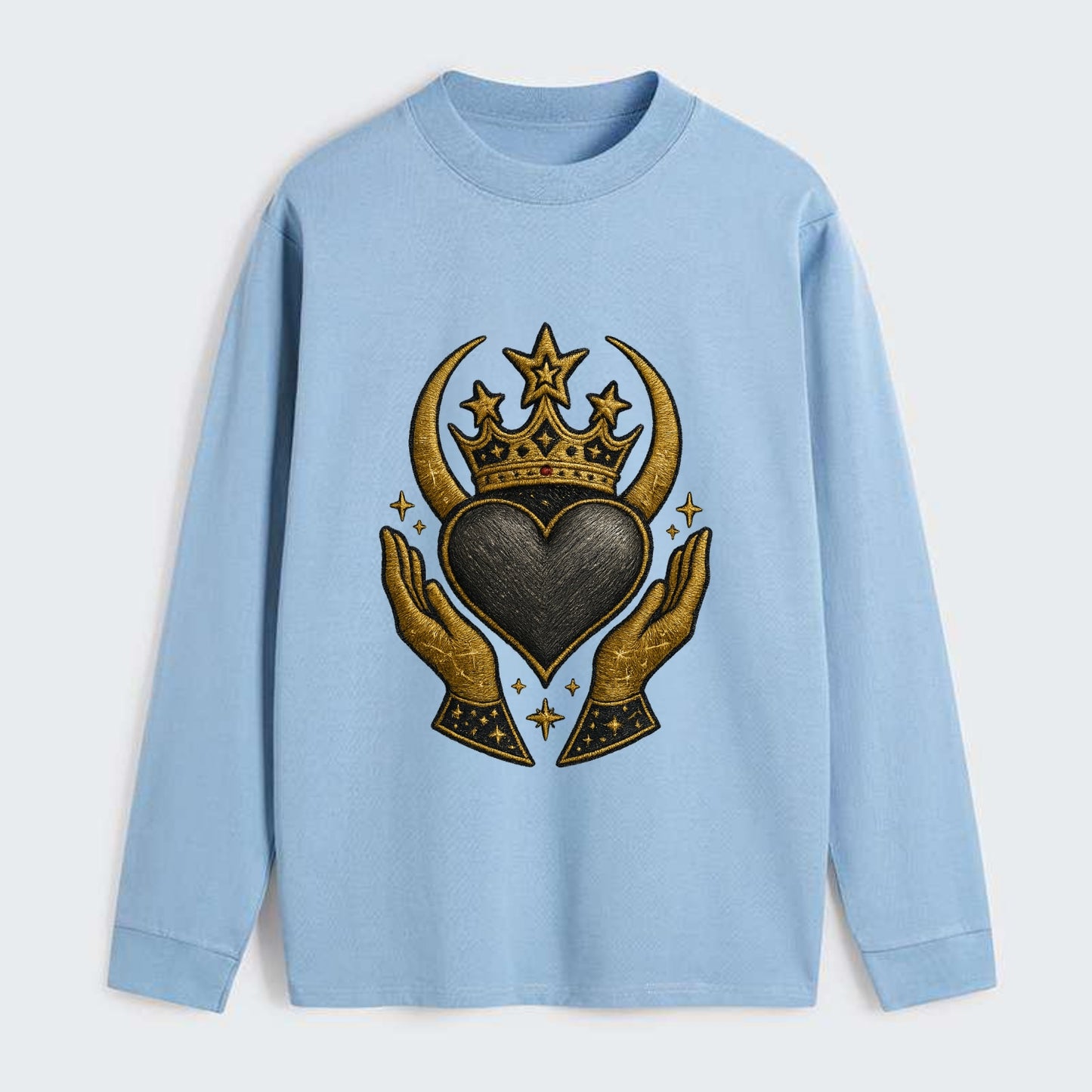 Celtic knot crown with woven strands merging into copper hands - Classic Long Sleeve Shirt - Light Blue