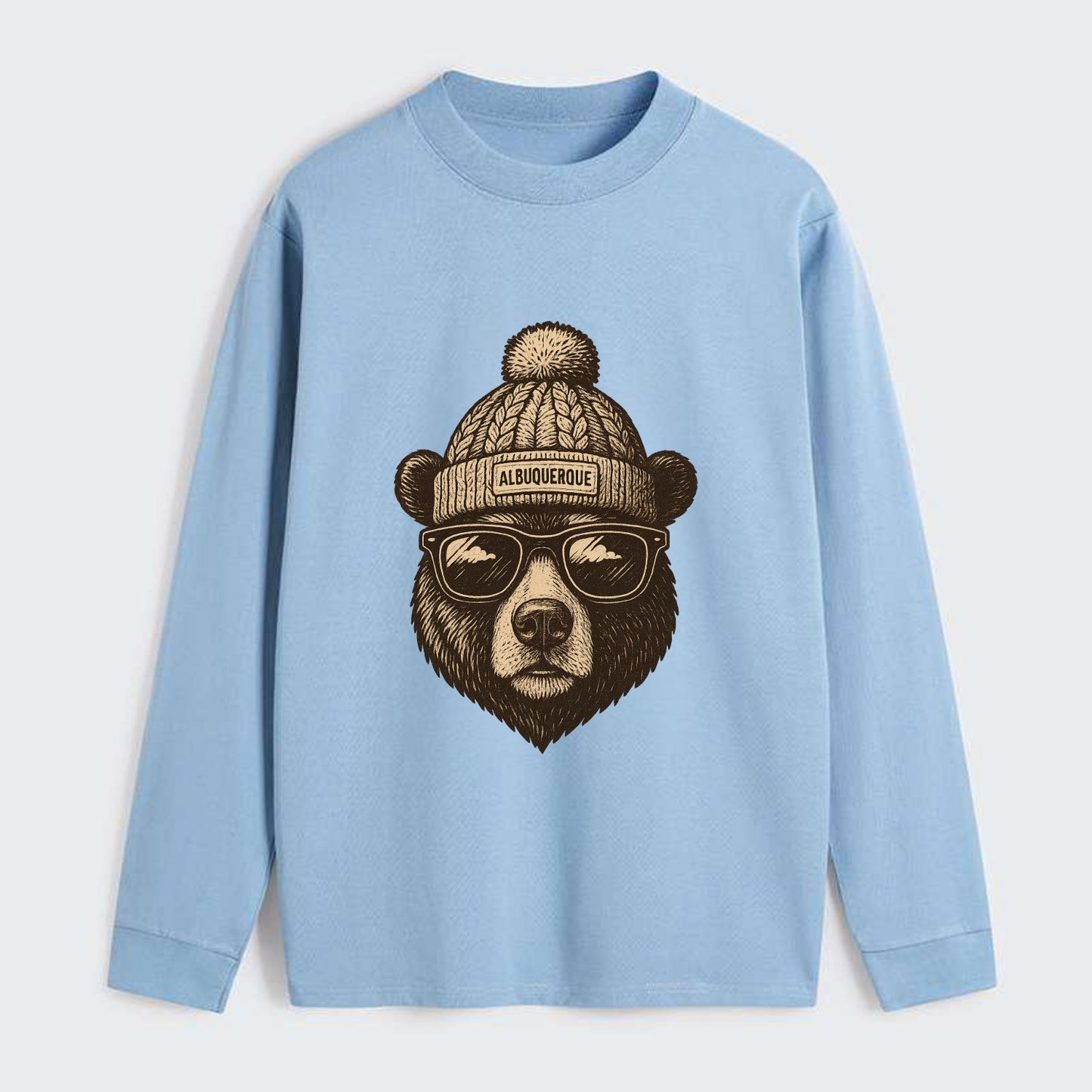 New Mexico Black Bear wearing Albuquerque beanie with pom pom and - Classic Long Sleeve Shirt - Light Blue