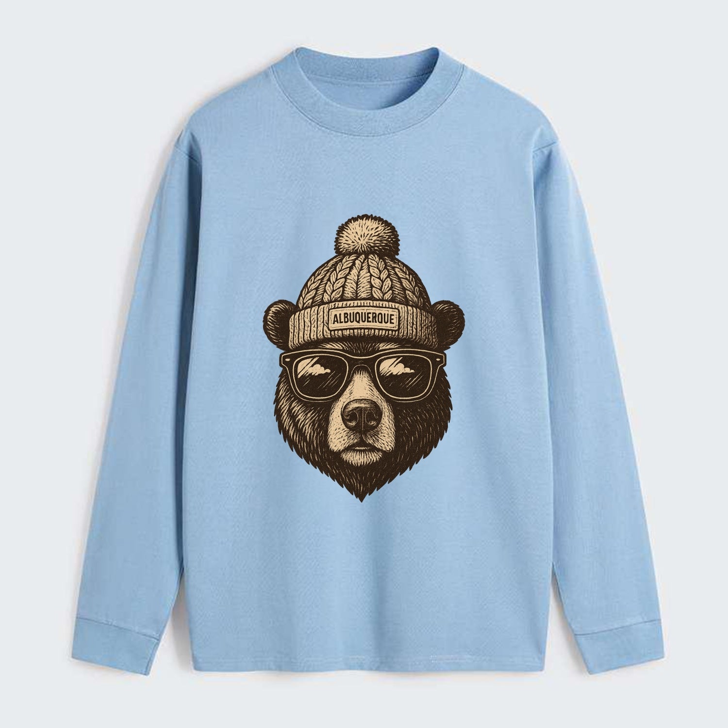 New Mexico Black Bear wearing Albuquerque beanie with pom pom and - Classic Long Sleeve Shirt - Light Blue