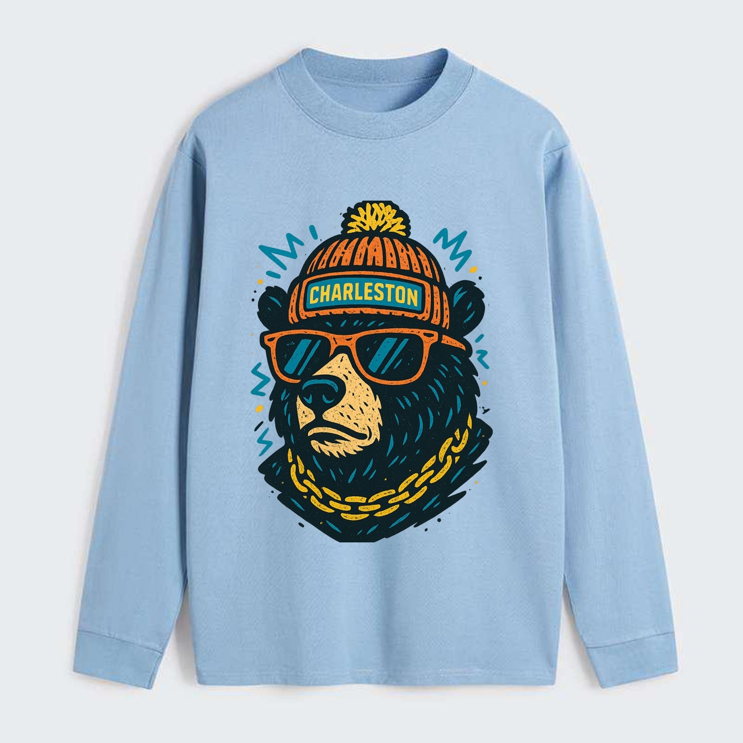 West Virginia Black Bear wearing Charleston beanie with pom pom and - Classic Long Sleeve Shirt - Light Blue