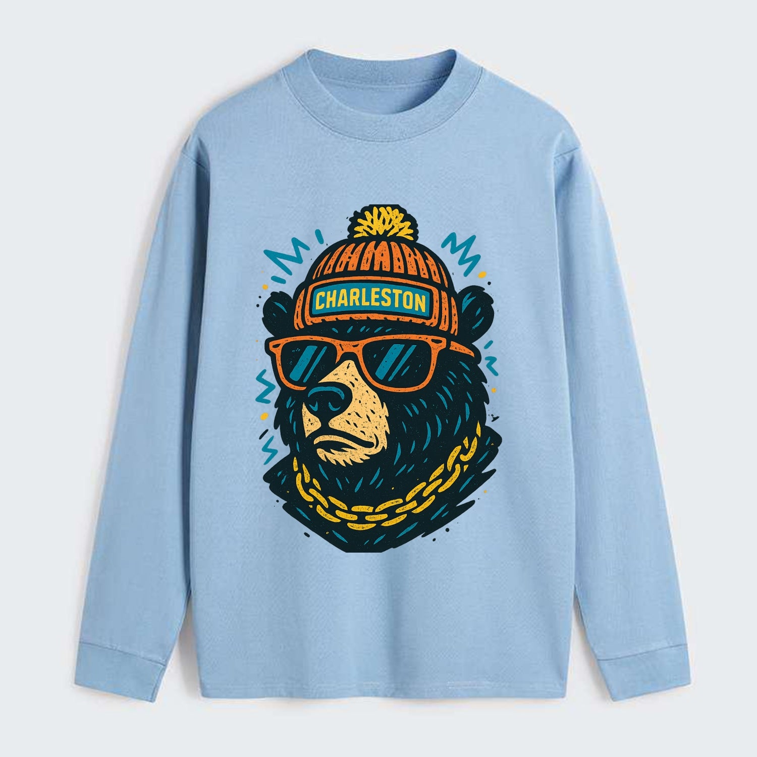 West Virginia Black Bear wearing Charleston beanie with pom pom and - Classic Long Sleeve Shirt - Light Blue