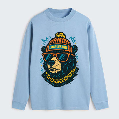 West Virginia Black Bear wearing Charleston beanie with pom pom and - Classic Long Sleeve Shirt - Light Blue