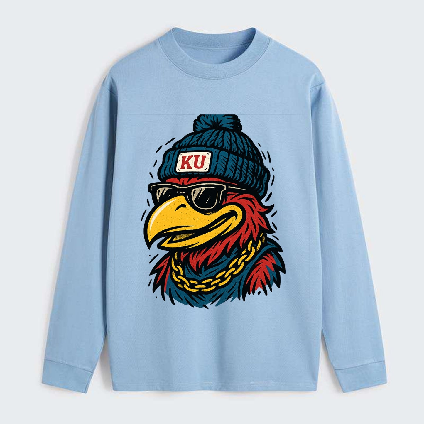 Lawrence Jayhawk wearing Kansas beanie with KU patch - Classic Long Sleeve Shirt - Light Blue