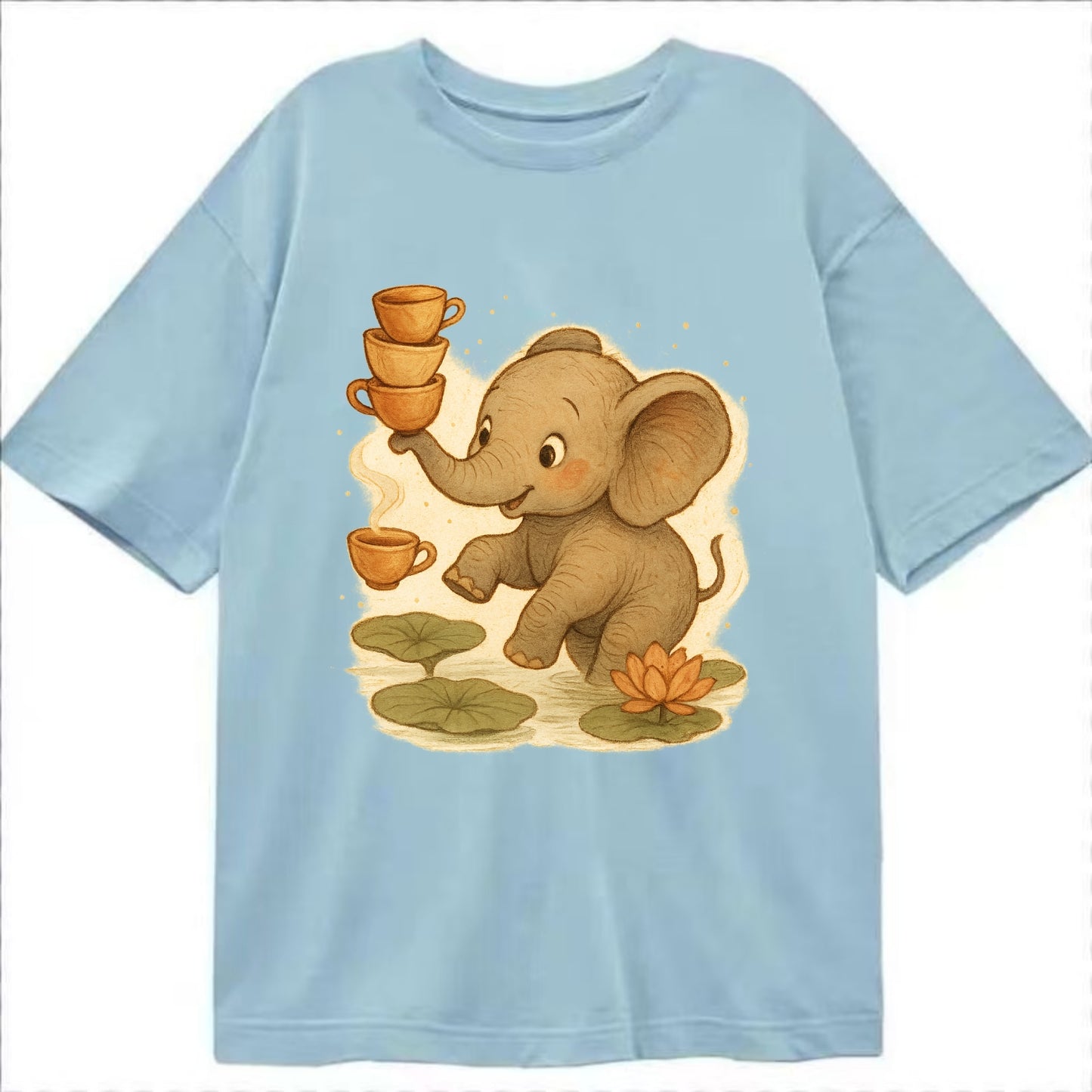 Elephant balancing teacups during a floating tea ceremony beside lotus ponds - Classic T-shirt - Light Blue