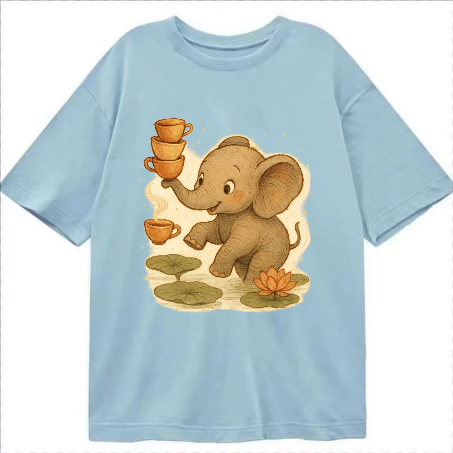 Elephant balancing teacups during a floating tea ceremony beside lotus ponds - Classic T-shirt - Light Blue