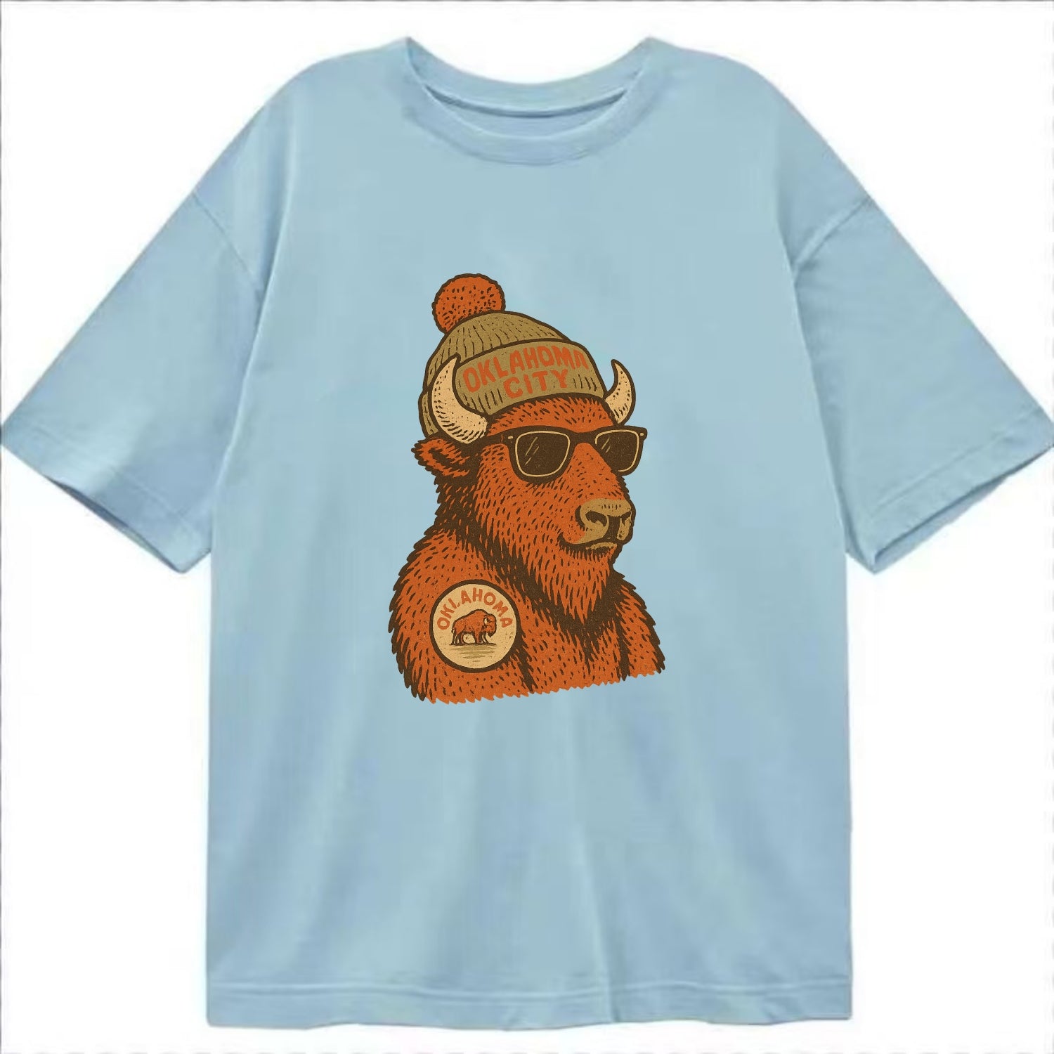 Oklahoma Buffalo wearing Oklahoma City beanie with pom pom and wayfarer sunglasses - Classic T-shirt - Light Blue