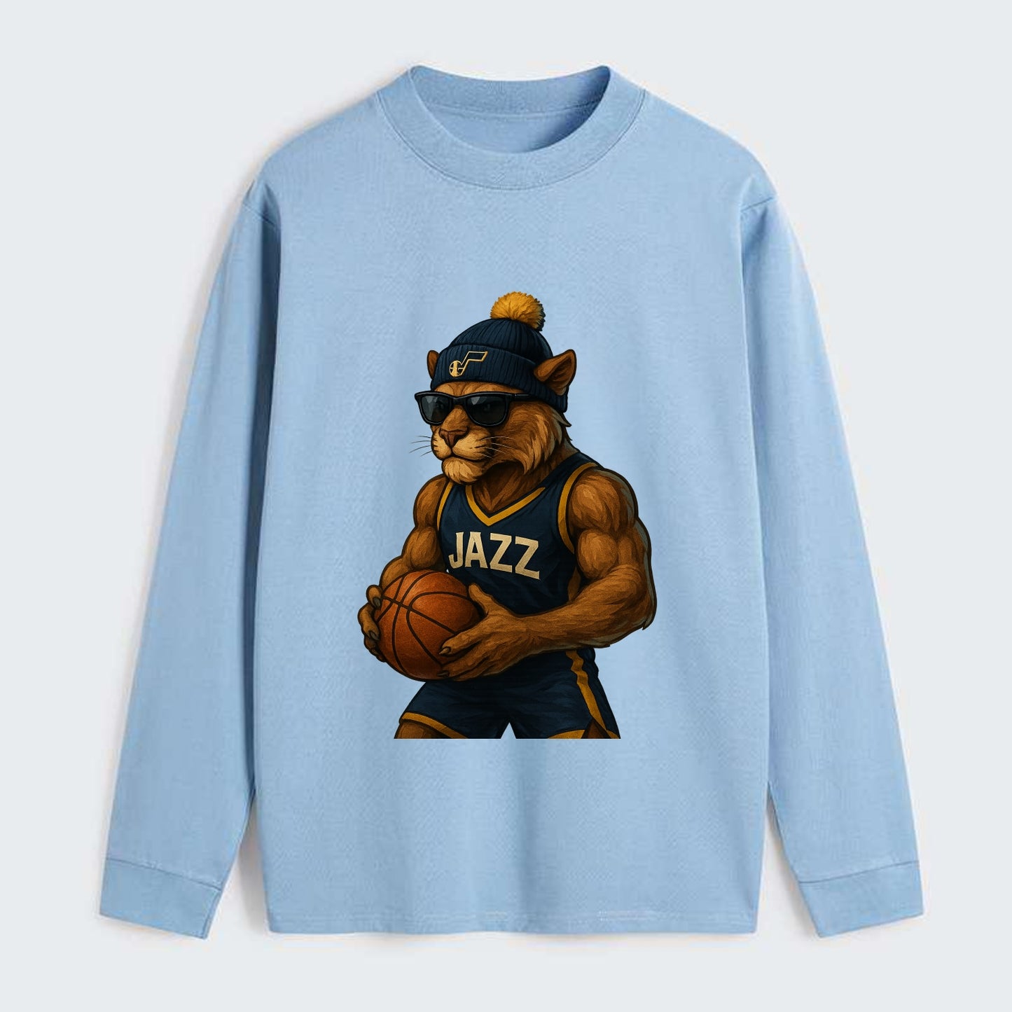 Utah Mountain Lion wearing Jazz navy and yellow beanie with music note - Classic Long Sleeve Shirt - Light Blue